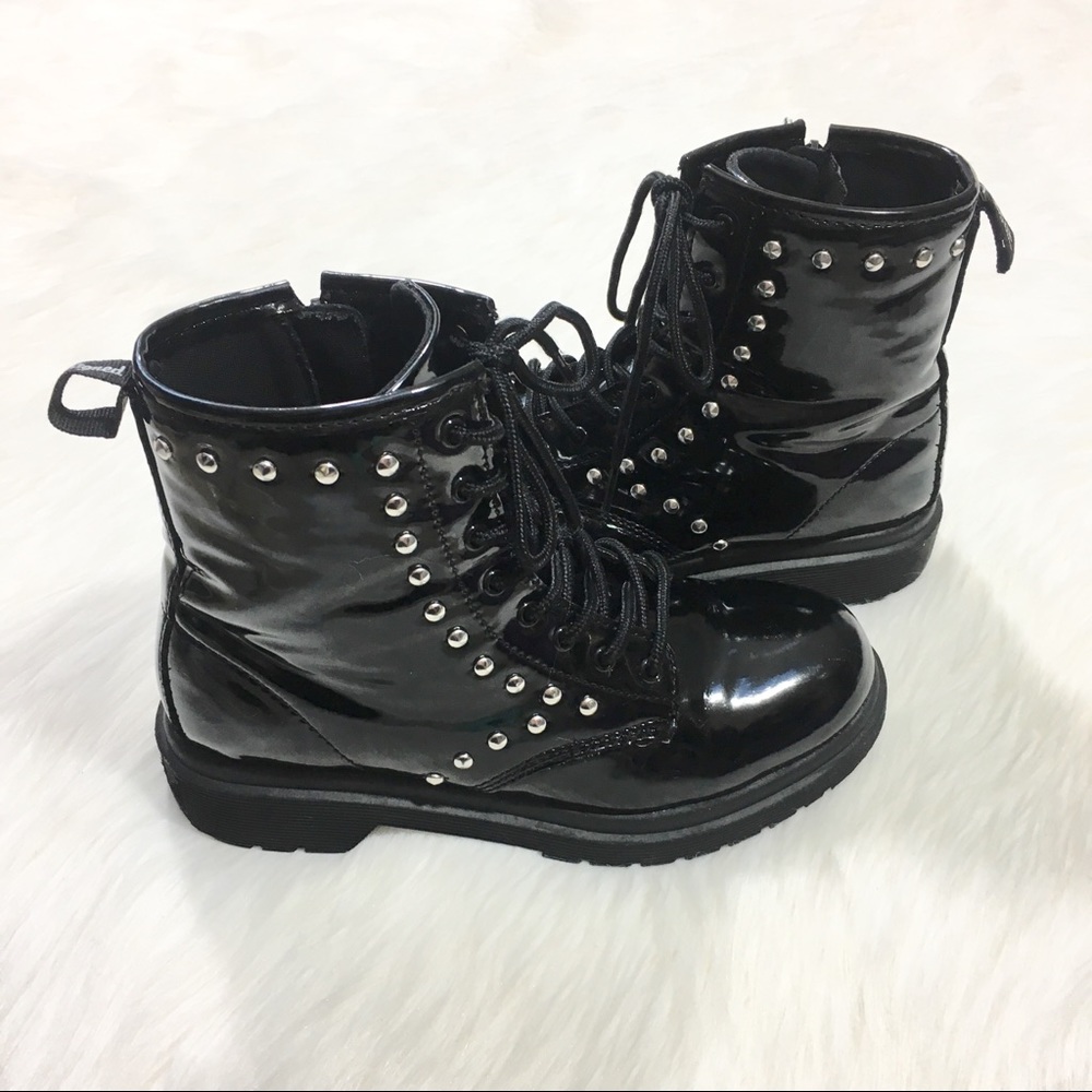 D-Signed Black Patent Leather Studs Combat Boots 3